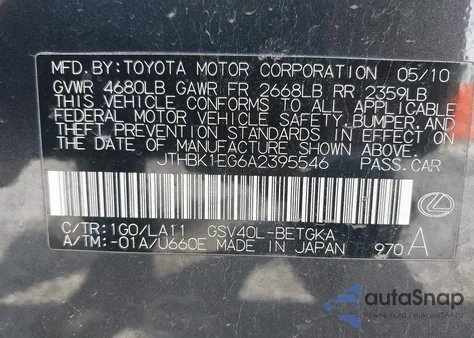 2010 Lexus Es 350 z USA, uszkodzony, nr VIN JTHBK1EG6A2395546